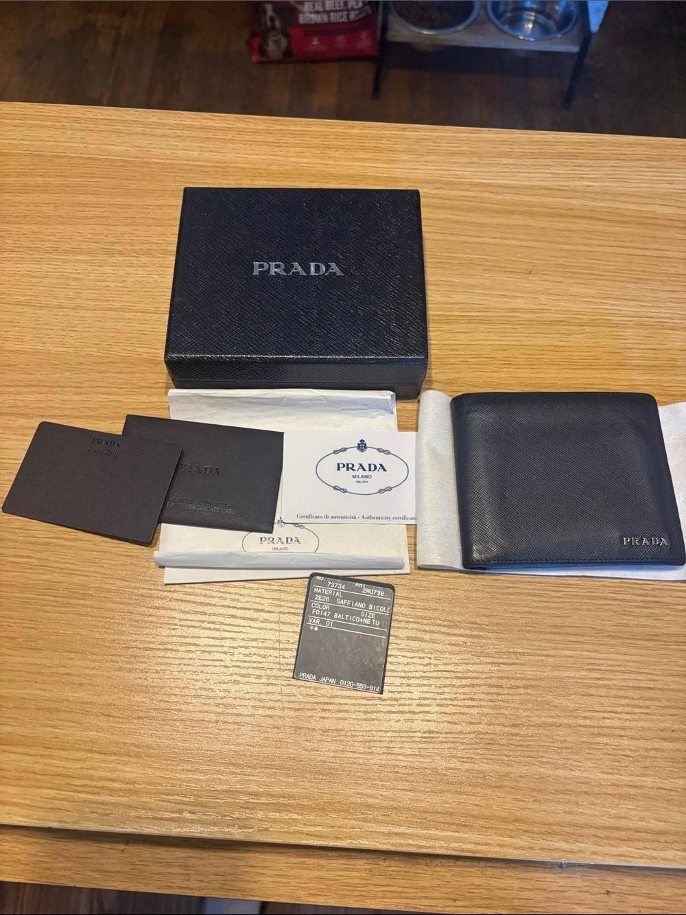 Prada Blue and black  Saffiano Leather wallet with box COA card